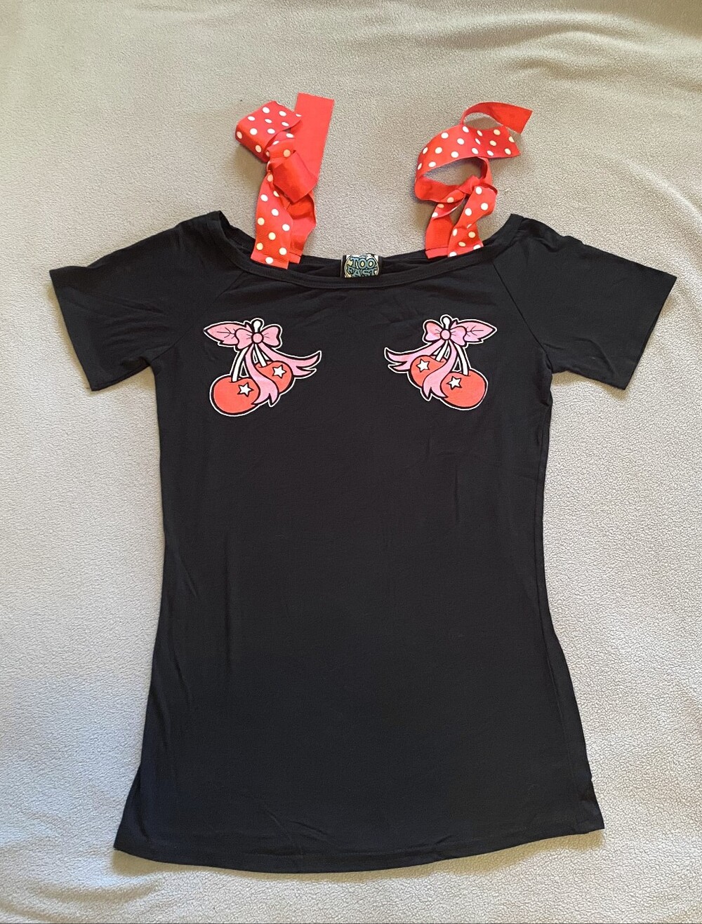 Too Fast Cherry Print Annabel Bow Top with Polka Dot Shoulder Ties L